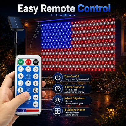 Solar American Flag LED Net Lights | 420 LEDs, 6.5×3.3 ft | Outdoor Patriotic Decor