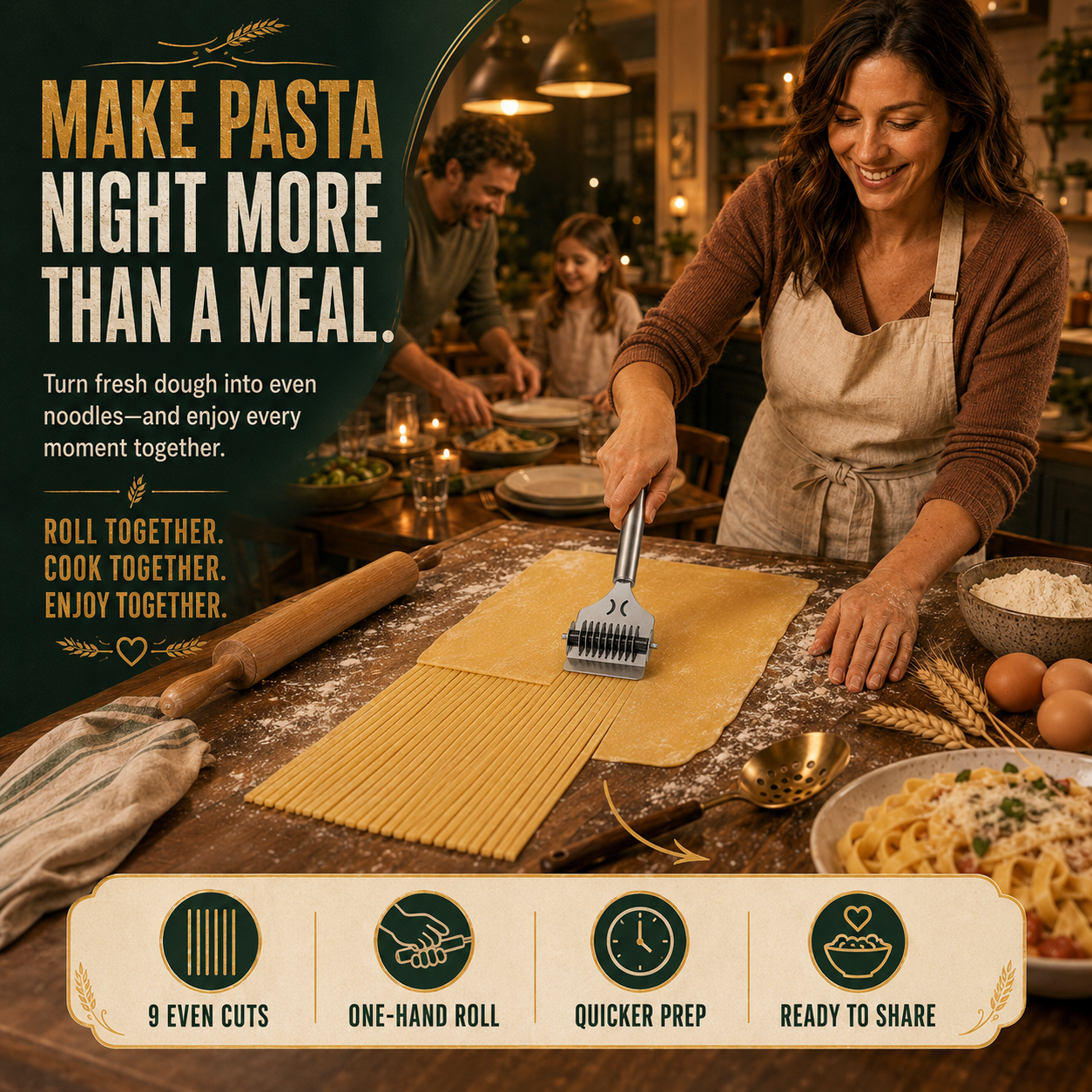 🍝 Stainless Steel 9-Wheel Adjustable Pasta Cutter – Fast & Even Homemade Noodles ✨