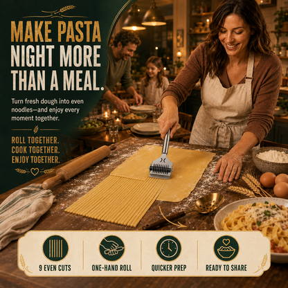 🍝 Stainless Steel 9-Wheel Adjustable Pasta Cutter – Fast & Even Homemade Noodles ✨