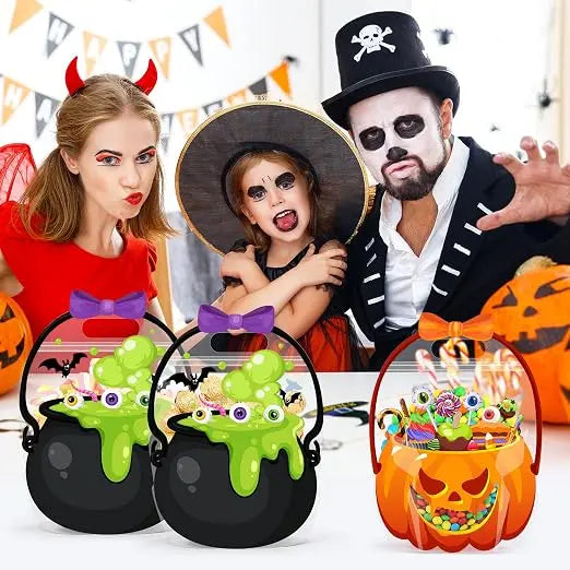 Halloween Goodie Bags Plastic Candy Bag Trick or Treat Bags with Cauldron Skeleton black Cat Skull Pumpkin Design