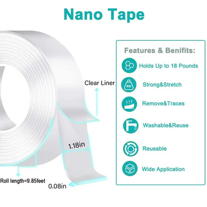 2-Pack Heavy Duty Nano Double-Sided Mounting Tape | Clear Removable Adhesive Tape, 9.85 ft (3 m) for Picture Hanging & Home Décor