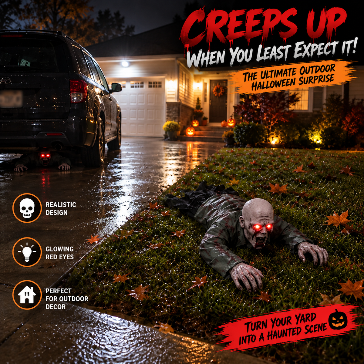 🔥 Crawling Zombie™ Halloween Porch Prop – Glowing Red Eyes & Realistic Horror Decor