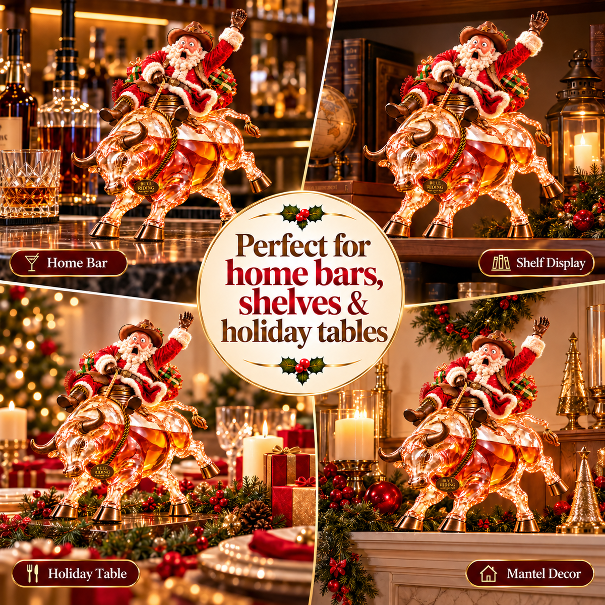 🎄🐂 Scared Santa Bull Rider Whiskey Bottle –  Unique Holiday Gift 🎁