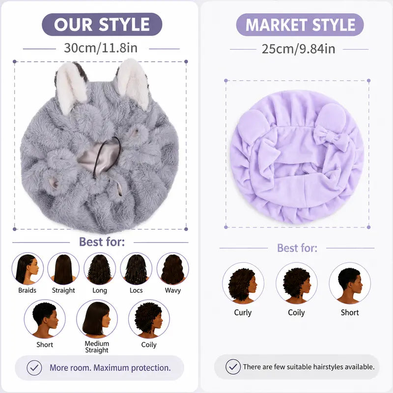Brand Original Fox Ear Design Plush Satin Hair Bonnet for Sleeping
