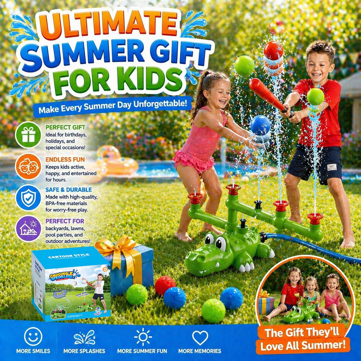 💦 4-in-1 Kids Crocodile Baseball Water Sprinkler T Ball Set & Water Ball Toy 💦