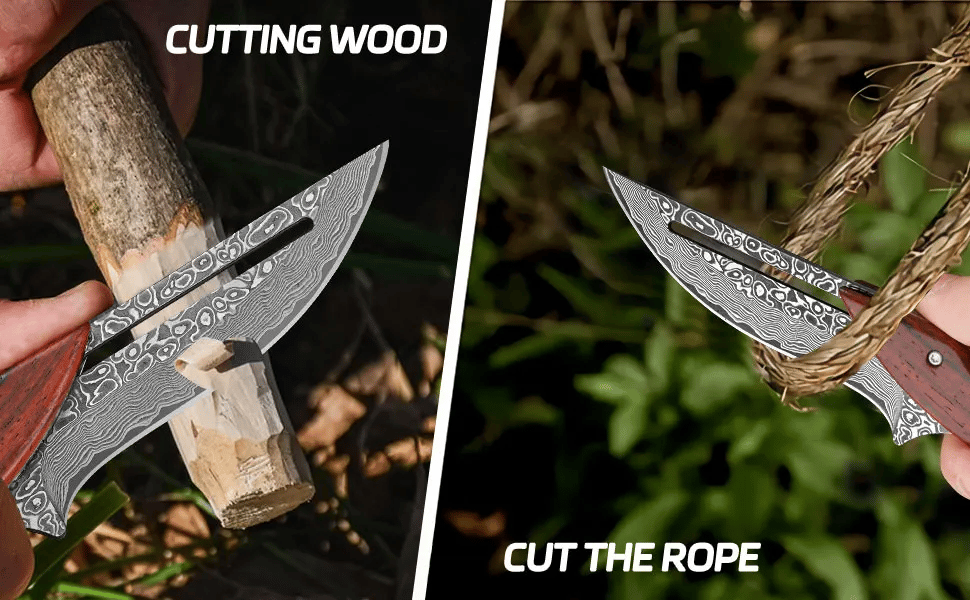 🔥Limited Time Discount 💥Artisan Wood Series: Unique Swing-Lock Folding Knife with Damascus-Style Blade🔪