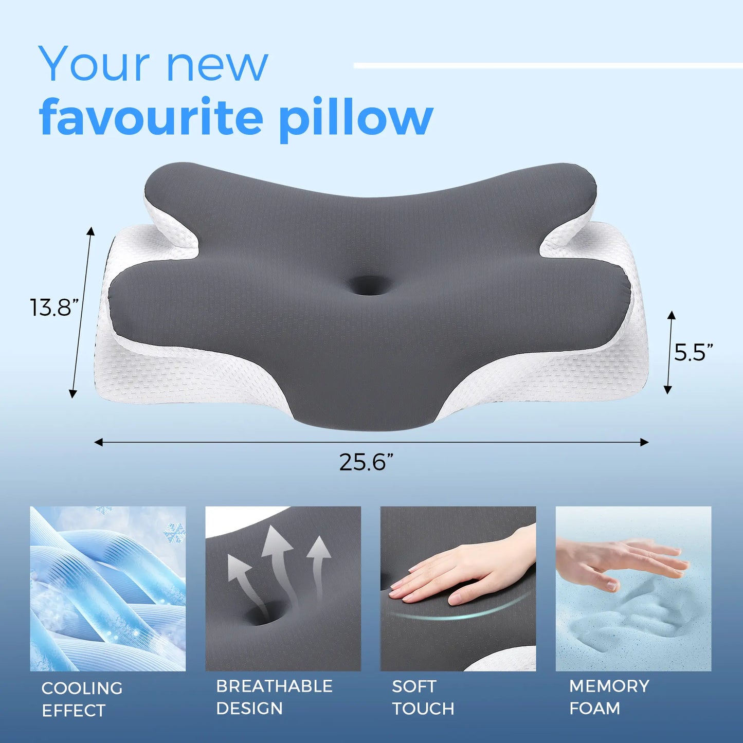 Free shipping//Butterfly Ergonomic Cooling Memory Foam Cervical Pillow, Orthopedic Neck Support Contour Pillow for Side Back Stomach Sleepers
