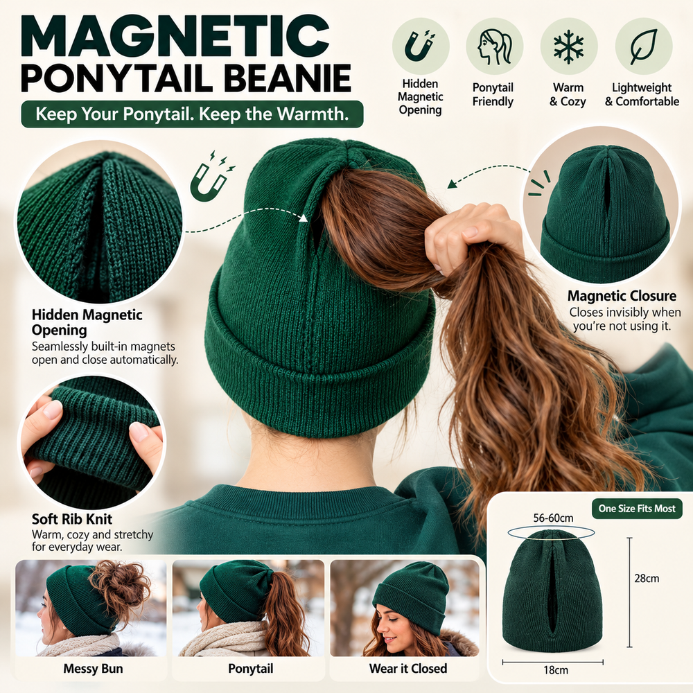 Green ponytail beanie infographic showing the magnetic opening, different hairstyles and approximate dimensions