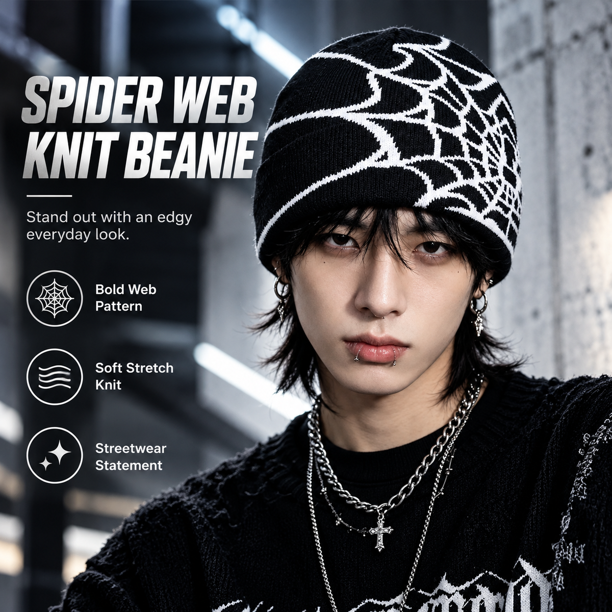 🕸️ SpiderWeb Gothic Knit Beanie – Y2K Streetwear Hat with Bold Spider Web Design