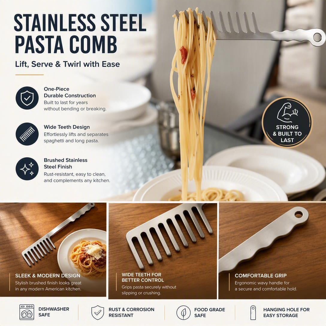 👨‍🍳🍝 Stainless Steel Pasta Server🍴   – Premium Spaghetti Spoon for Everyday Italian Cooking