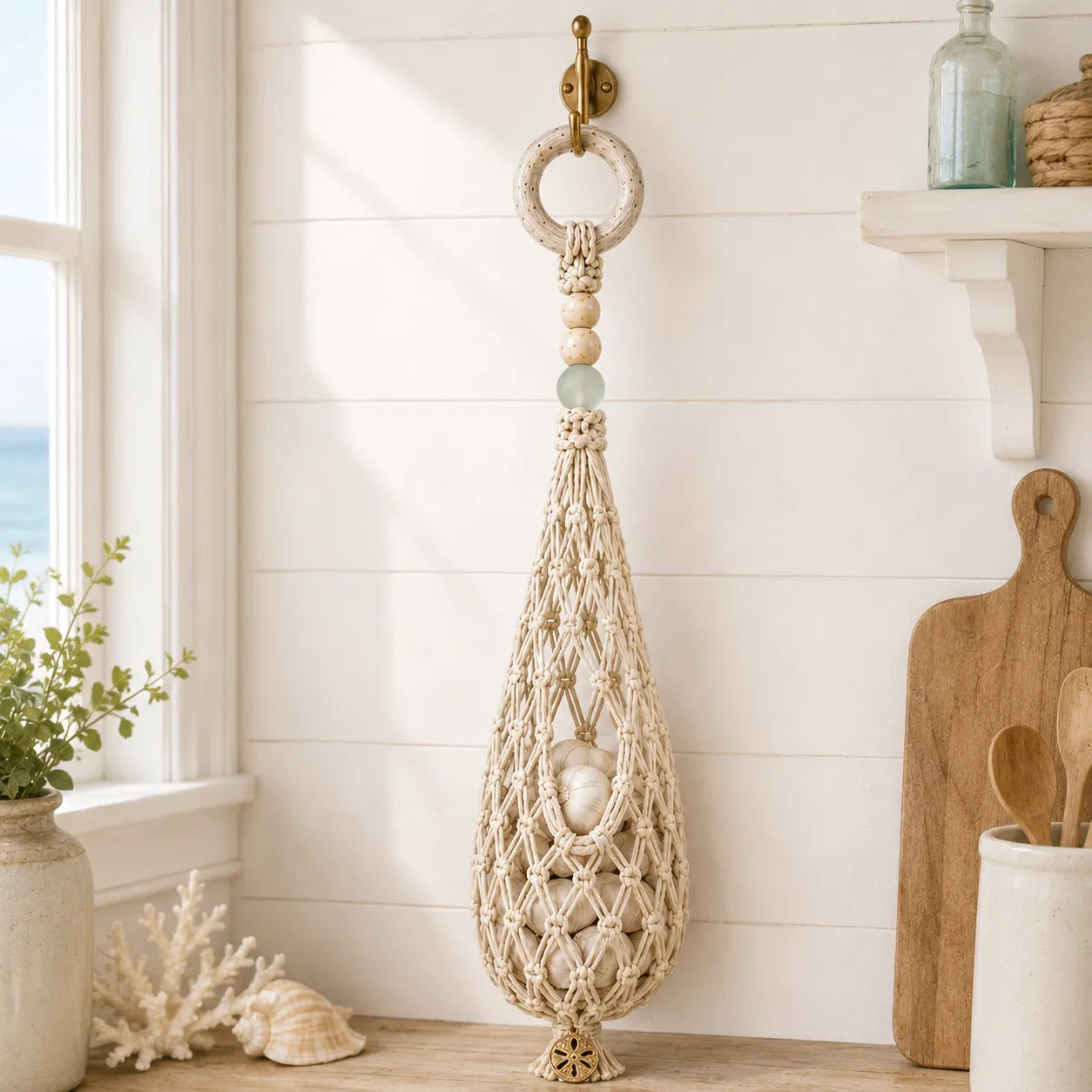 🌊 Coastal Hanging Produce Storage – Handwoven Breathable Organizer with Easy Side Access