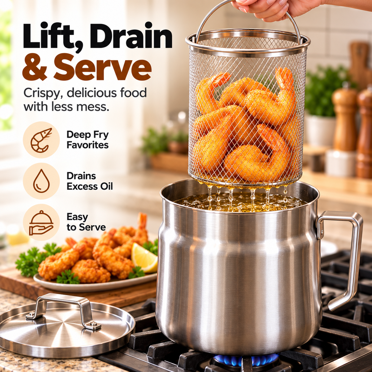 🍟 Stainless Steel Deep Fryer Set with Mesh Basket & Lid