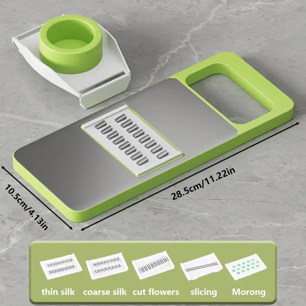 Multi-shaped slicer with adjustable stainless steel blades, thin silk, coarse silk cutter, flower slicing, comfortable handle, safe design, easy to clean, suitable for various ingredients such as vegetables and seasonings.