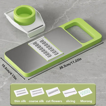 Multi-shaped slicer with adjustable stainless steel blades, thin silk, coarse silk cutter, flower slicing, comfortable handle, safe design, easy to clean, suitable for various ingredients such as vegetables and seasonings.