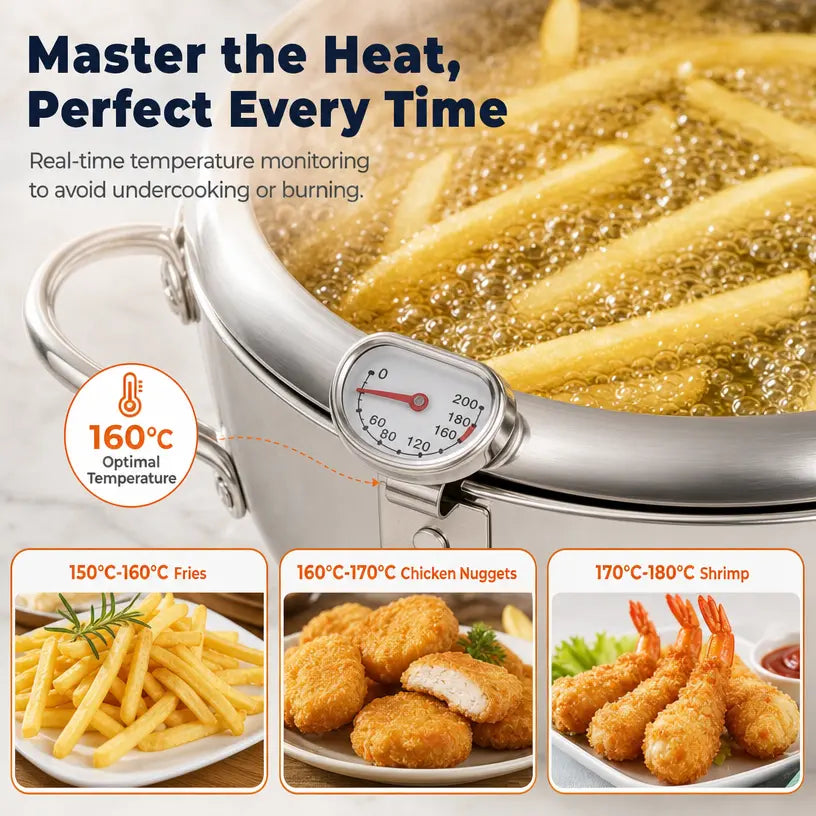 304 Grade Stainless Steel Deep Fryer Pot - Japanese Style, with Thermometer, Oil Drip Drainer Rack, Temp Control, Induction Safe for Gas Stoves, French Fries, Chicken Wings