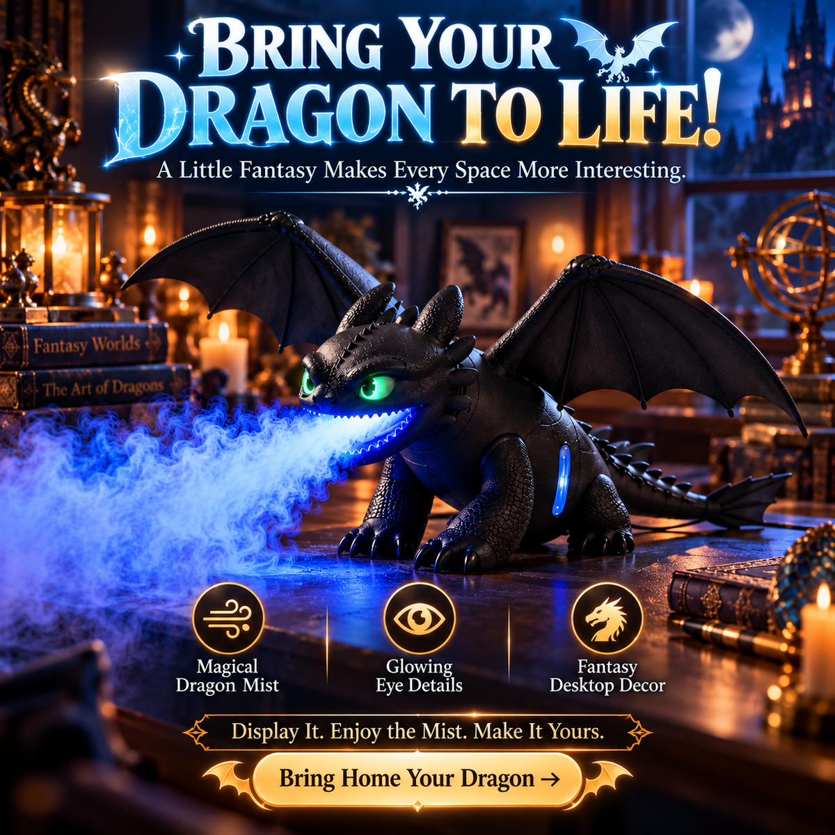 🐉 Black Dragon Mist Humidifier – Magical Blue Dragon Breath, Glowing Green Eyes & Fantasy Desk Decor ✨