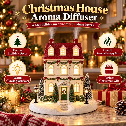 🎄 Christmas House Aroma Diffuser – Warm Light & Gentle Mist Holiday Decor