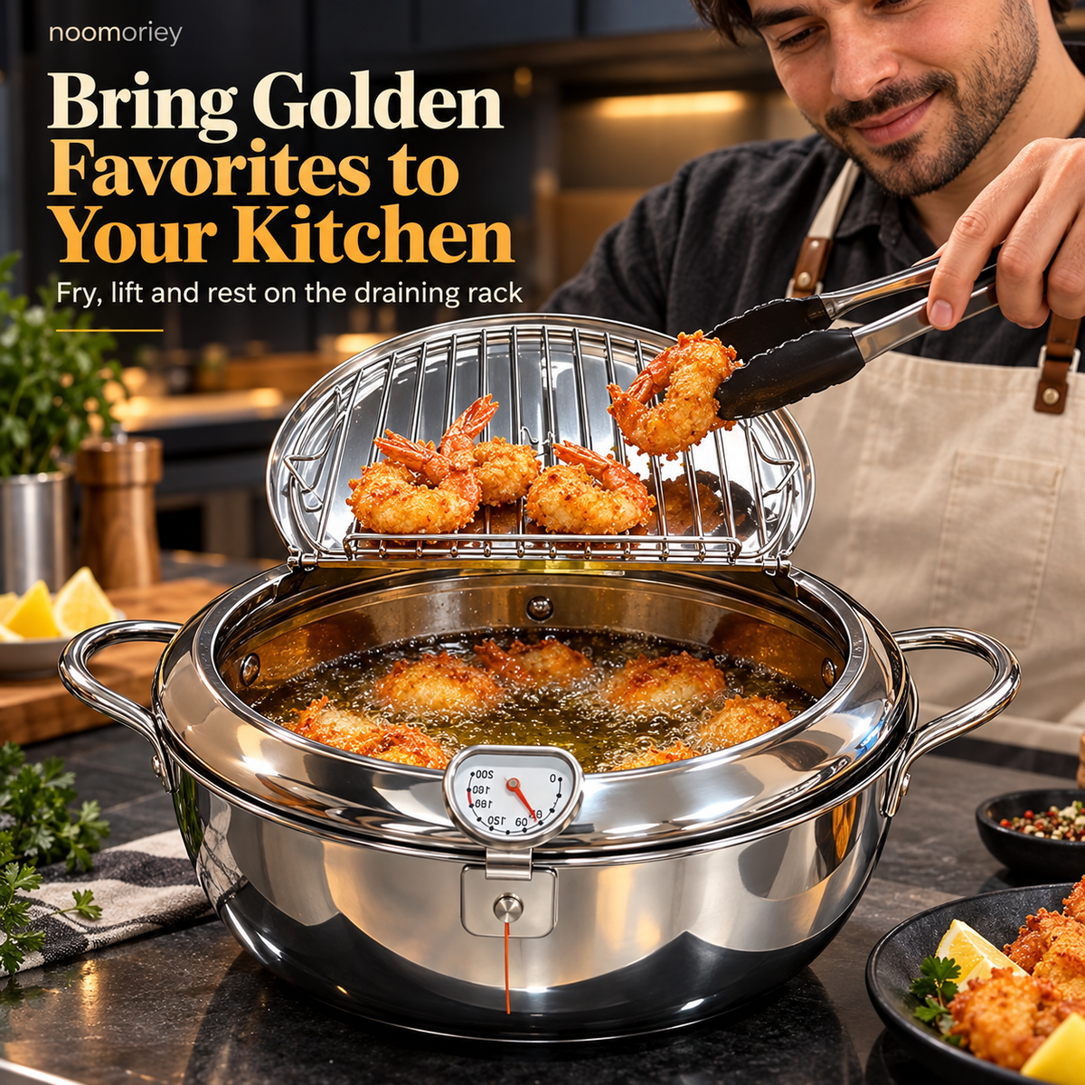 🍤 Deep Frying Pot with Thermometer & Lid Draining Rack – Dual-Handle Frying, Stir-Frying & Boiling Pot
