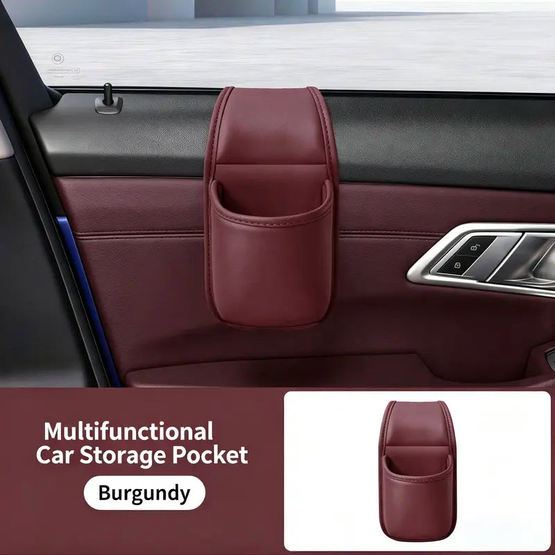 Leather car door storage pocket - double-layer compartments, scratch-proof flannel lining, residue-free adhesive