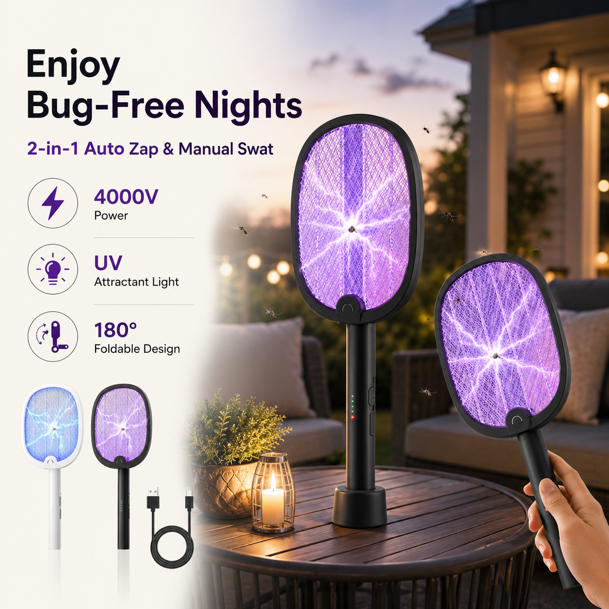 Rechargeable 2-in-1 Electric Bug Zapper Racket with UV Light