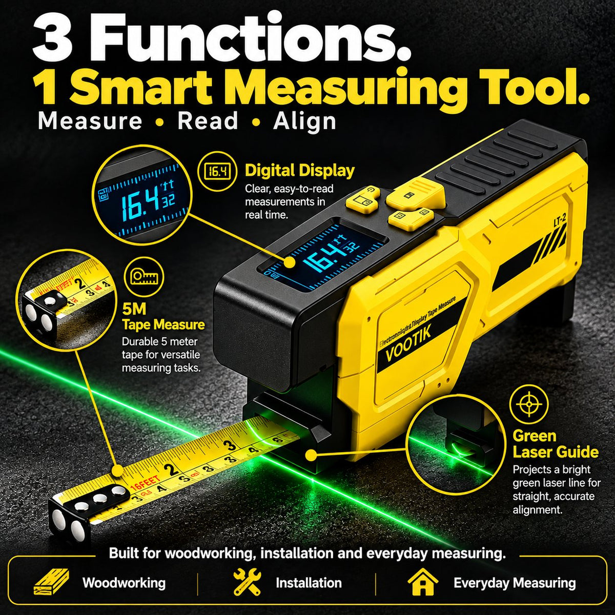 📏 3-in-1 Digital Laser Tape Measure