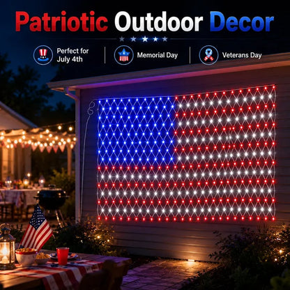 Solar American Flag LED Net Lights | 420 LEDs, 6.5×3.3 ft | Outdoor Patriotic Decor