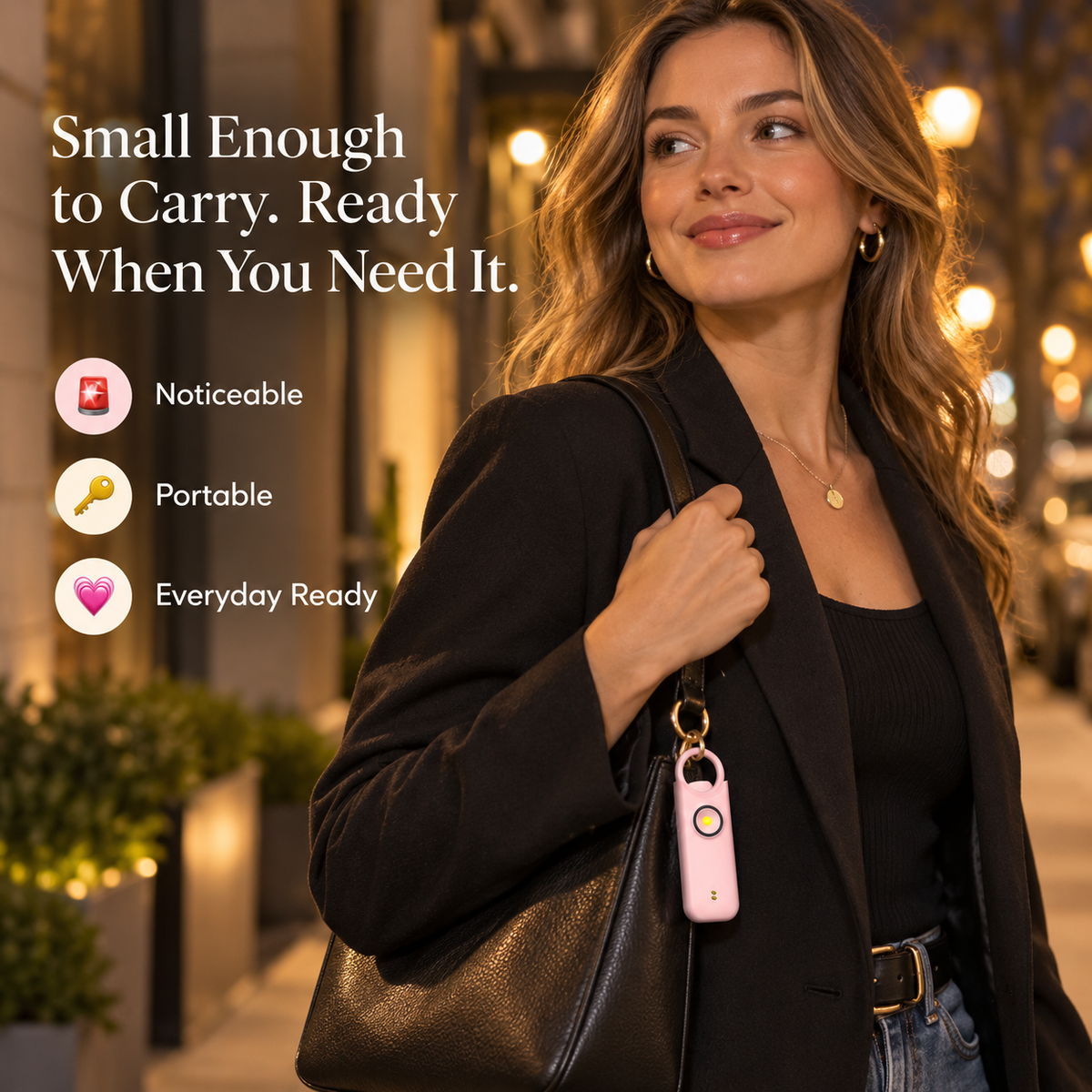 Personal safety alarm forwomen: features a high-decibel siren and strobe light;keychain design; helps protectbelongings and prevent loss.