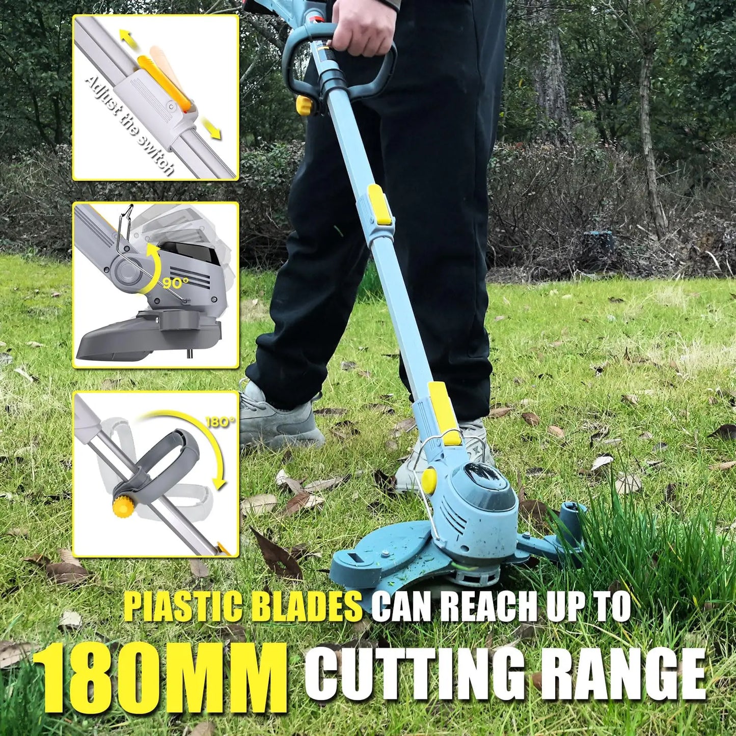 2026 Upgraded Cordless Grass Trimmer with 3 Cutting Heads, 21V 4A 3000mAh High Capacity Battery Powered Electric Grass Mower for Garden Yard