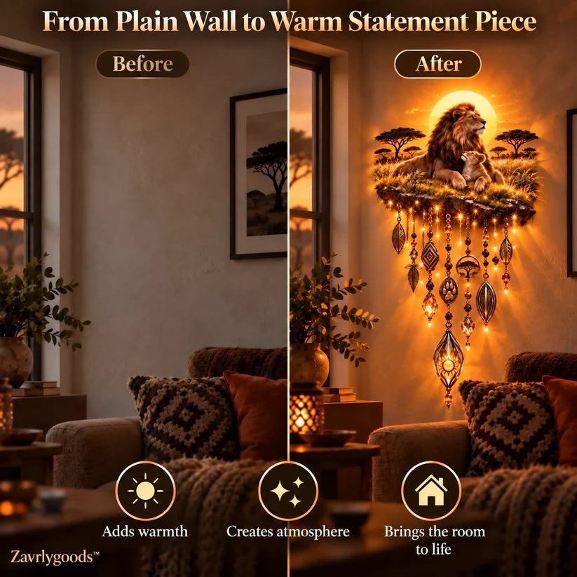 🦁 Lion & Cub Warm Glow Wall Décor – Savannah-Inspired Family Accent