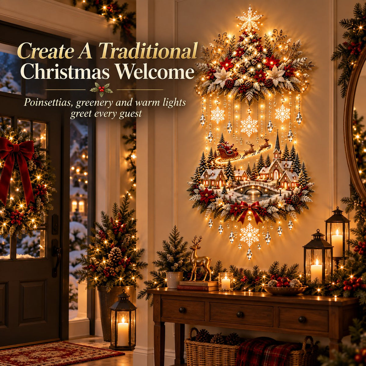 🎉🎄 Illuminated Christmas Tree & Village Wall Hanging | Cascading Warm Lights for Living Rooms, Entryways & Staircases ✨63CM