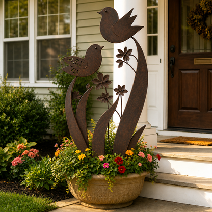 🐦 Bird & Wildflower Metal Garden Stake | Elegant Bird & Floral Garden Accent