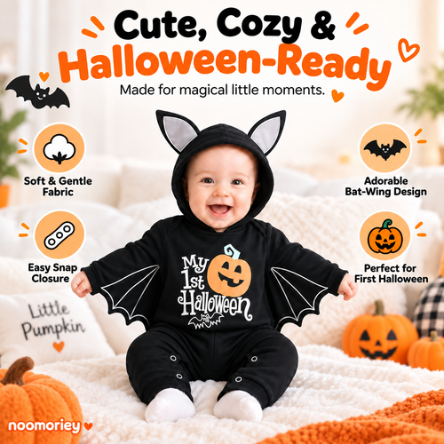 🎃 Baby’s First Halloween Bat Romper – Cute Winged Hooded One-Piece Costume