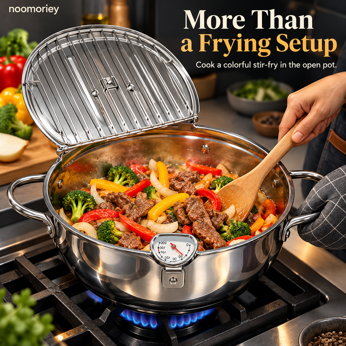 🍤 Deep Frying Pot with Thermometer & Lid Draining Rack – Dual-Handle Frying, Stir-Frying & Boiling Pot