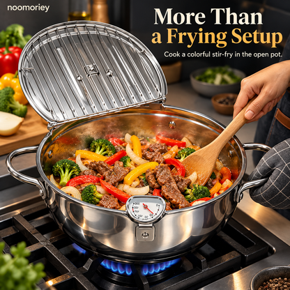 🍤 Deep Frying Pot with Thermometer & Lid Draining Rack – Dual-Handle Frying, Stir-Frying & Boiling Pot
