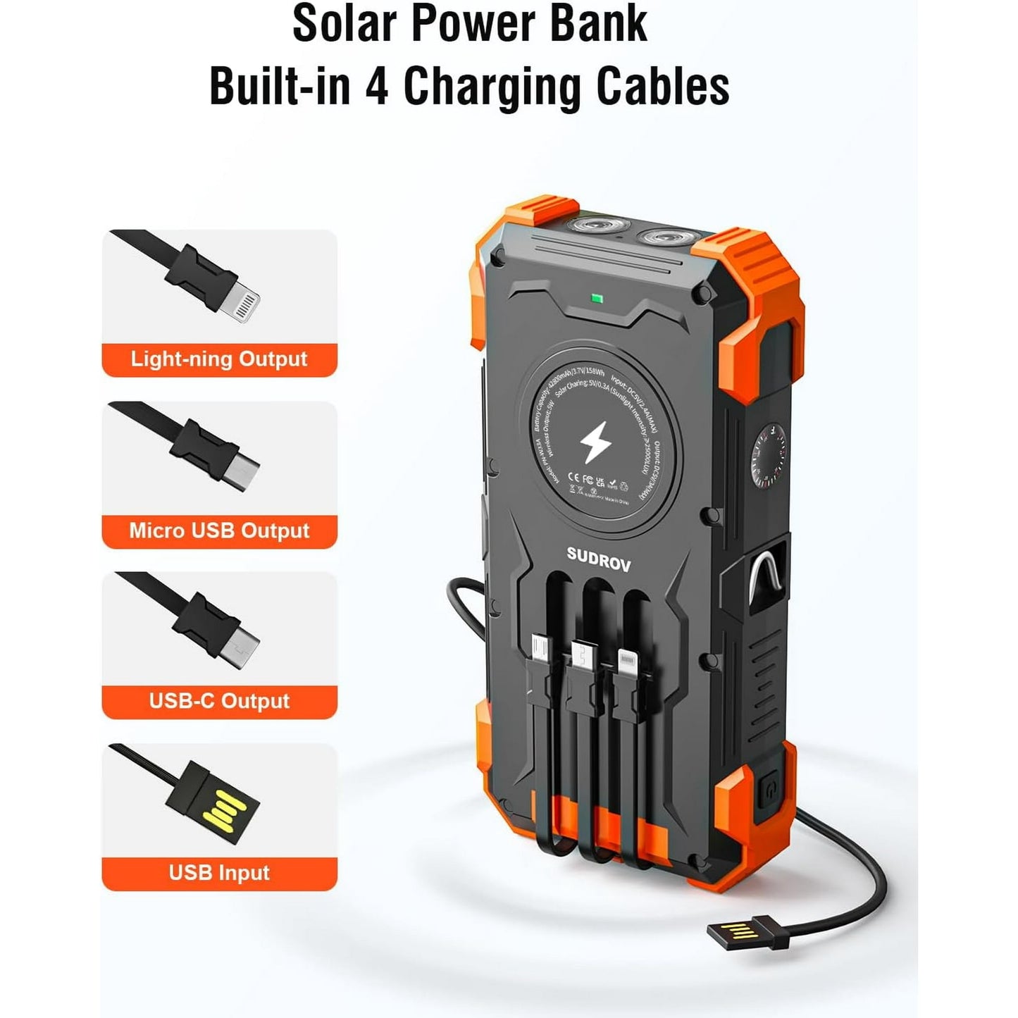 2026 Must-Have: Massive Capacity Power Bank for Emergency & Survival（49800mAh Solar Charger Power Bank with 4 Cables）