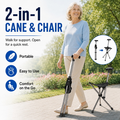 Folding Portable Cane Chair – 2-in-1 Walking Stick & Rest Seat for Seniors