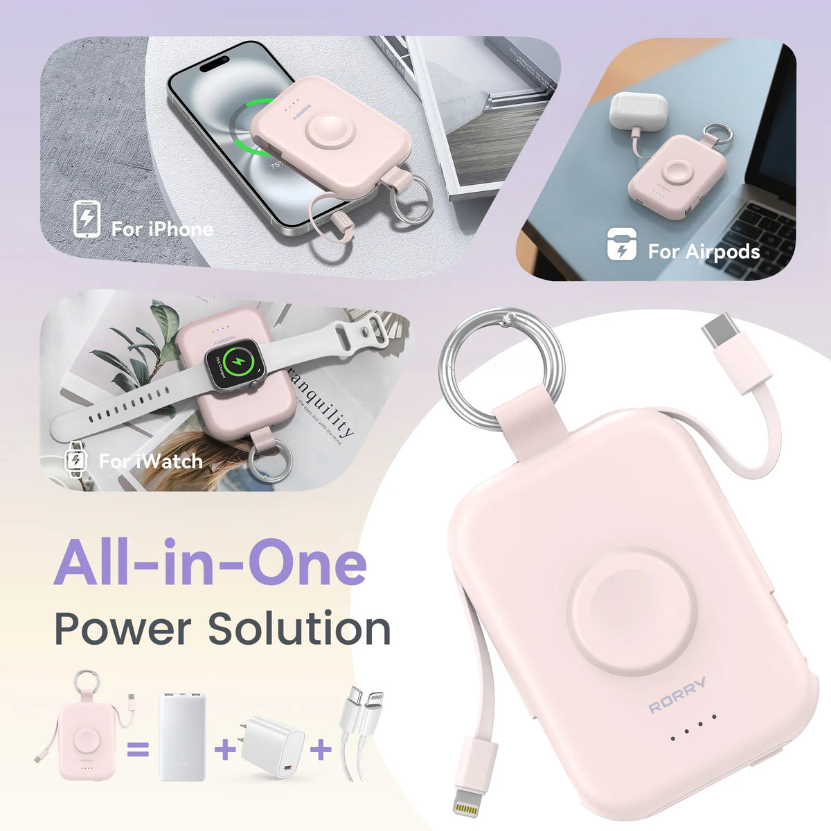 Mini Keychain Power Bank with Built-In Cable, Watch Charger & LED Flashlight