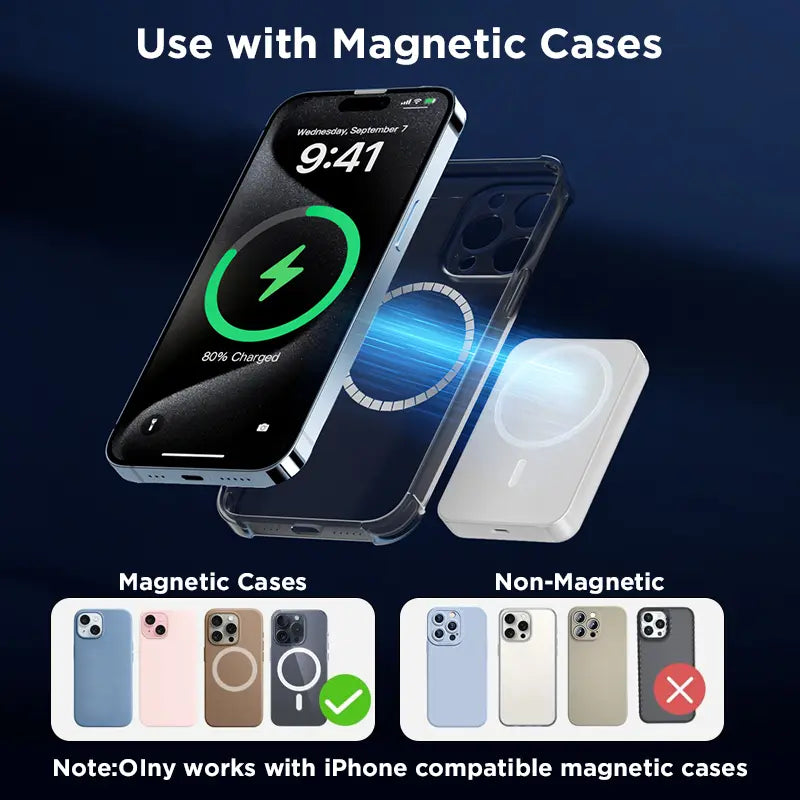 5000mAh Magnetic Power Bank for iPhone 12–17 Series, Works Best with MagSafe Case or No Case