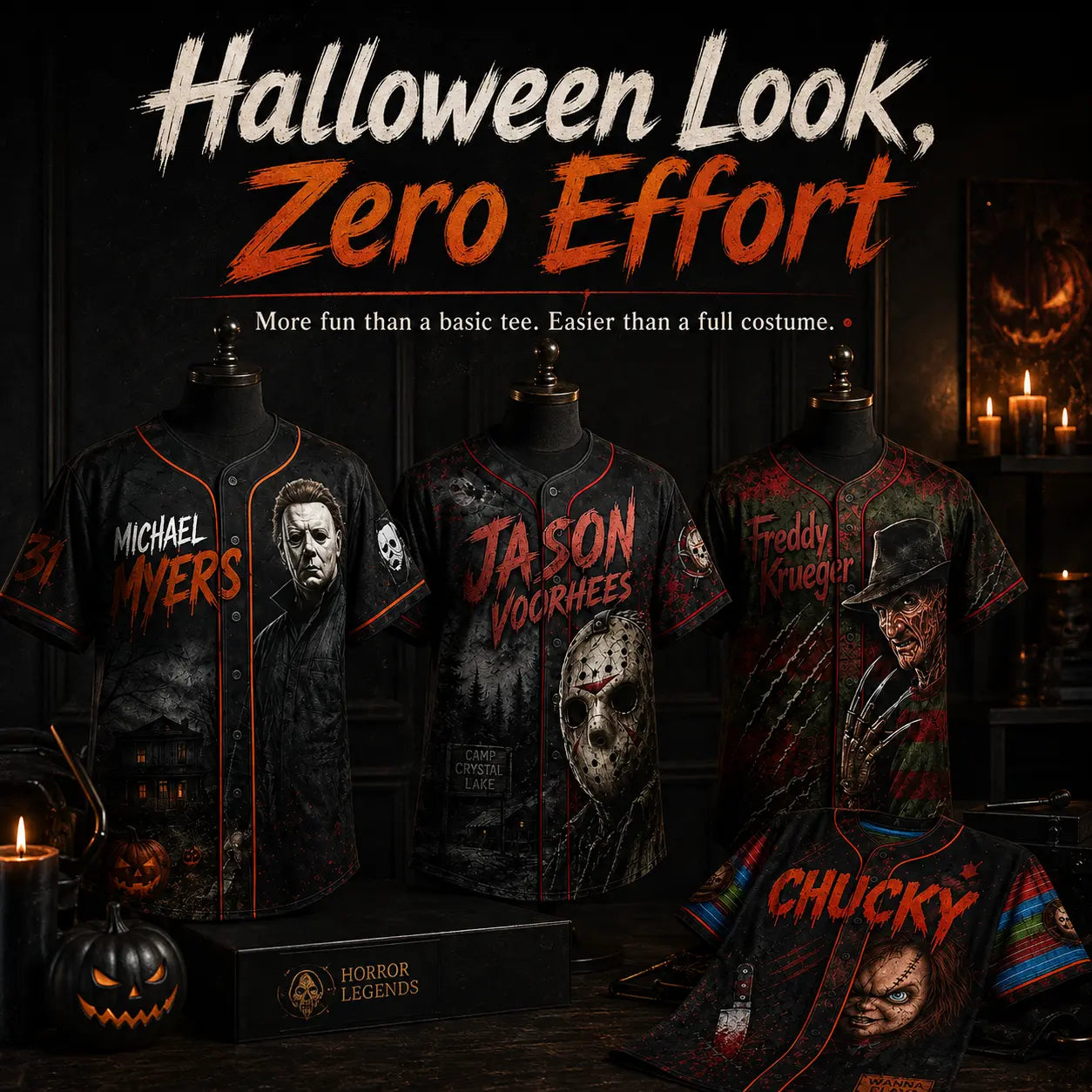 Horror Slasher Baseball Jersey, Classic Horror Movie Characters Shirt, Spooky Squad Halloween Uniform, Halloween party costumes, Halloween Gifts