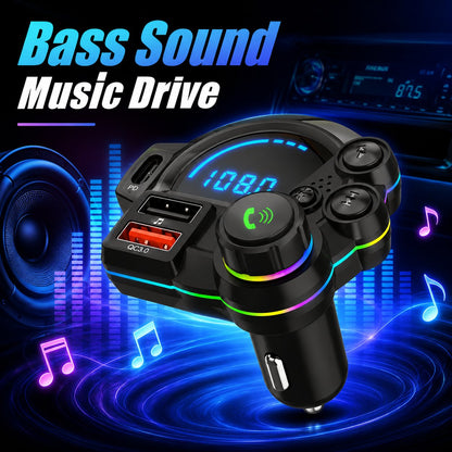 🚗 Bluetooth 5.3 Car FM Transmitter | PD30W+QC3.0 3-Port Fast Charger, RGB Ambient Light for All Vehicles!🎵