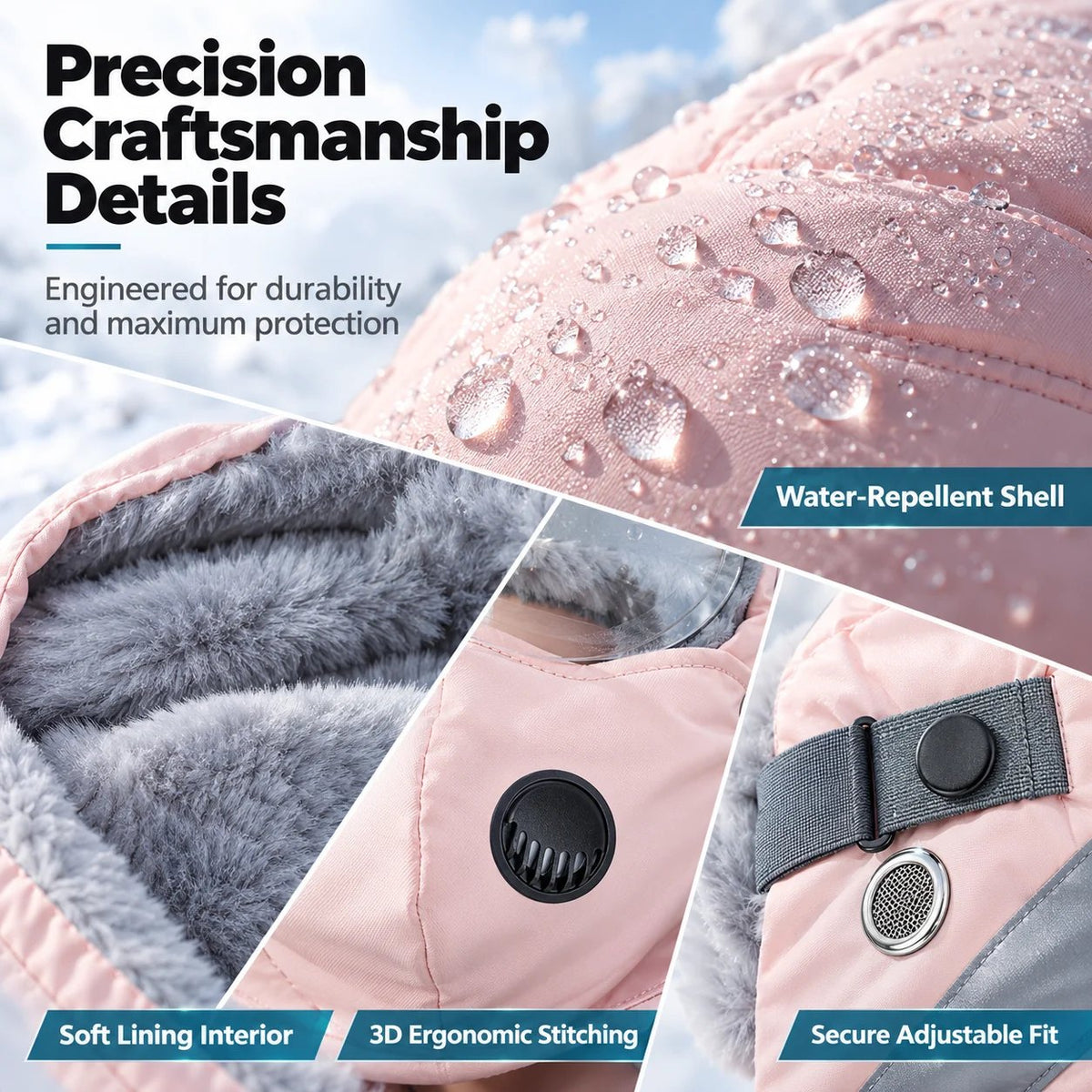 Close-up details of the water-repellent shell, lining and contoured construction