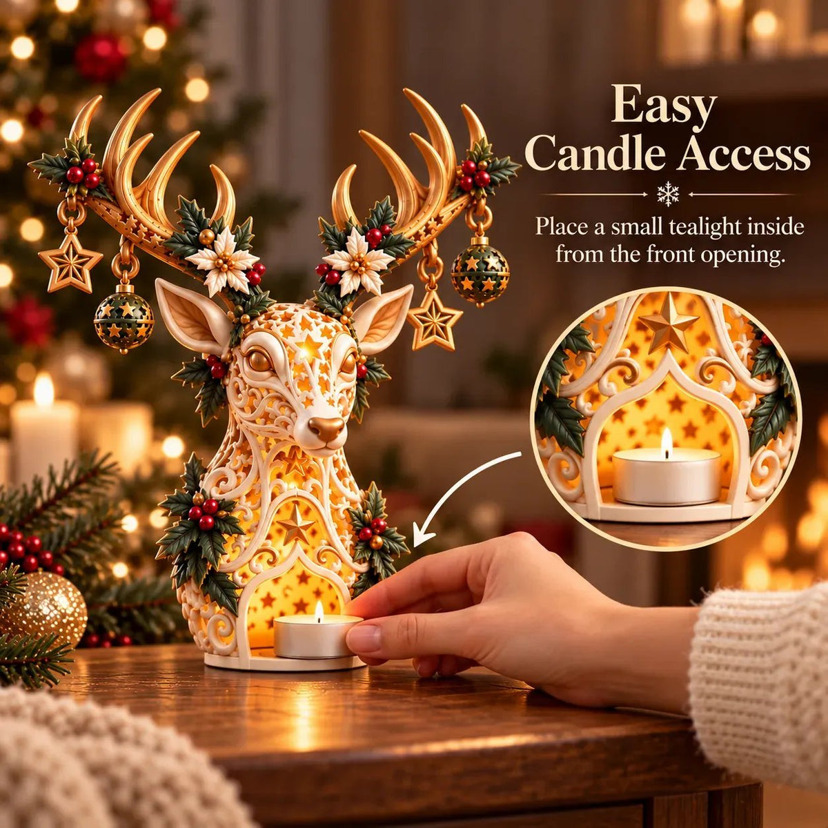 🦌✨ Golden Starlight Reindeer™ – Christmas Candle Holder with Magical Starry Glow 🎄🕯️