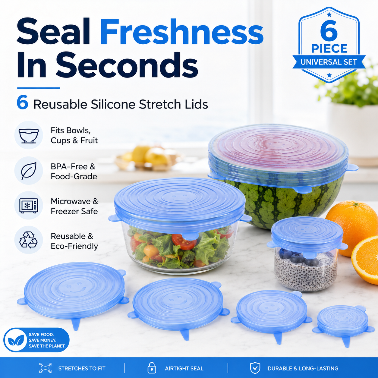 Universal Reusable Silicone Lids 6-Pack Self-Sealing Food Covers