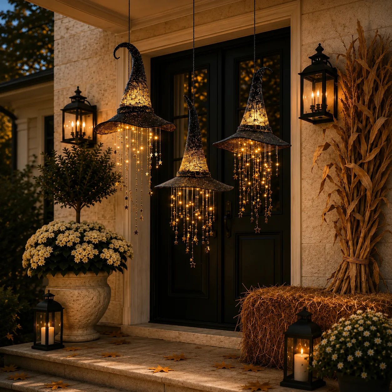 🧙‍♀️ Lighted Witch Hat Hanging Chime ✨ Battery-Powered Halloween Décor with Remote Control