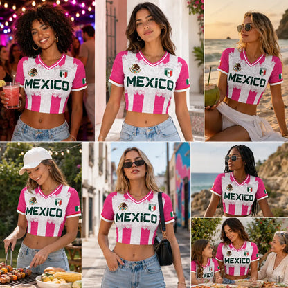 Mexico Pink Crop Jersey – Women's Aztec Soccer Top with National Flag Graphic