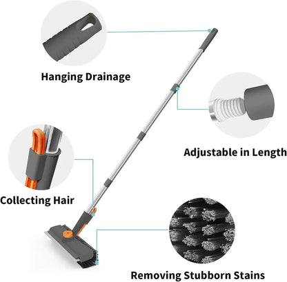 3-in-1 Floor Scrub Bathtub Brush with Long Handle, Double-Sided, Heavy-Duty Stiff Bristles & Squeegee