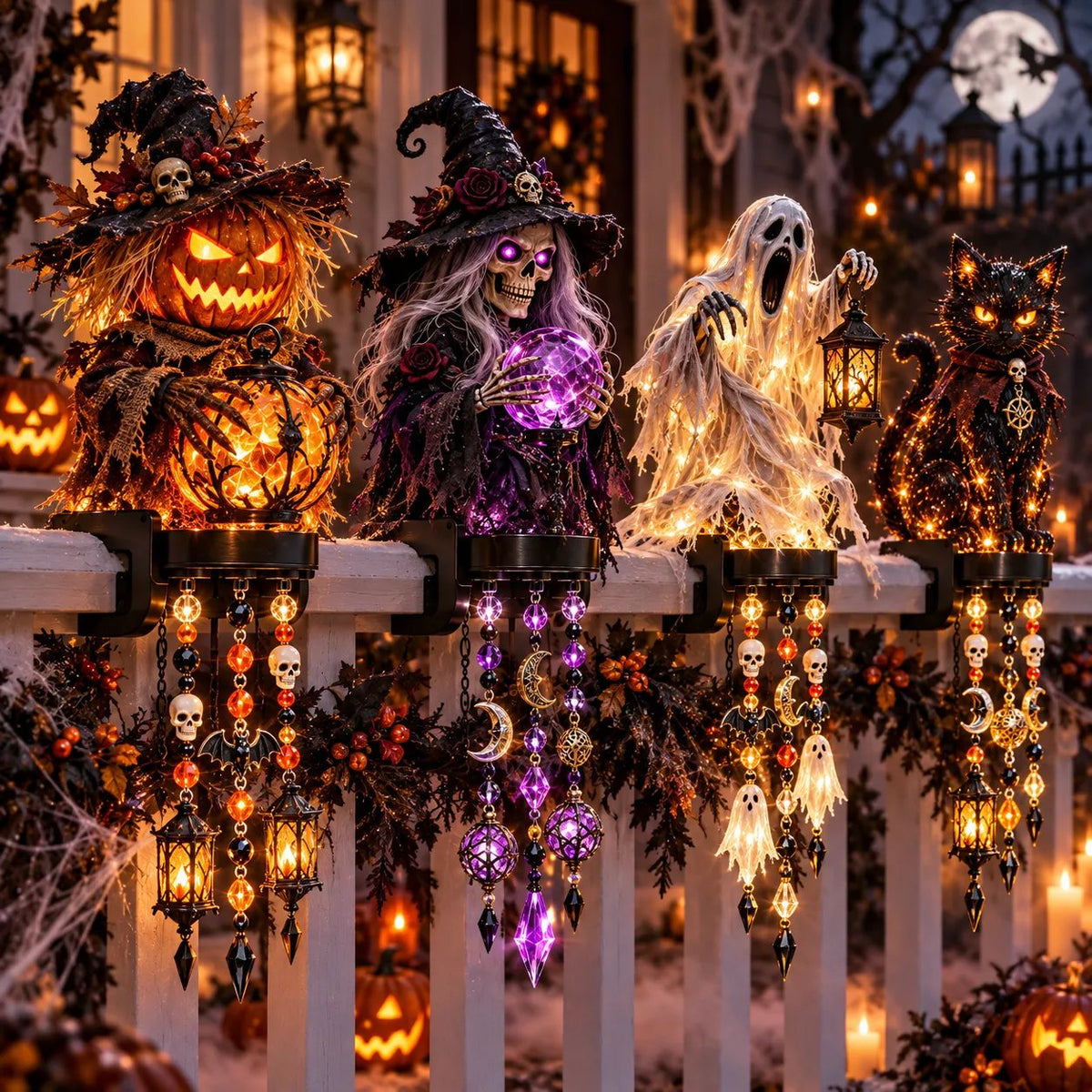 🎃 Halloween Character Glow Cascade Railing Lights – Pumpkin, Witch, Ghost & Black Cat