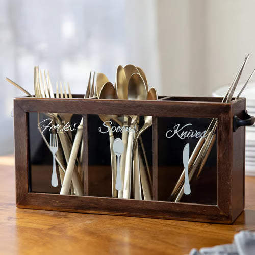 Buy 2 Free Shipping 🌟🍴Wooden Flatware Caddy Organizer – 12"x3.25"x6" Cutlery Holder for Forks, Spoons & Knives, Kitchen Utensil Bin