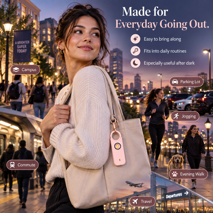 Personal safety alarm forwomen: features a high-decibel siren and strobe light;keychain design; helps protectbelongings and prevent loss.