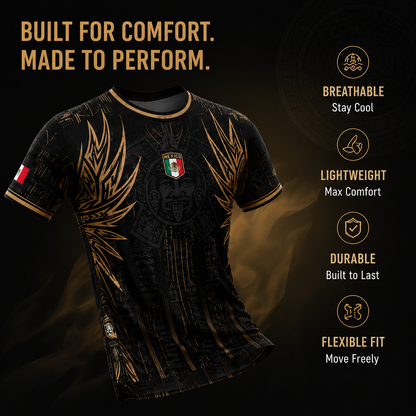 Mexico Soccer Jersey Black Aztec Warrior Gold Feather Design